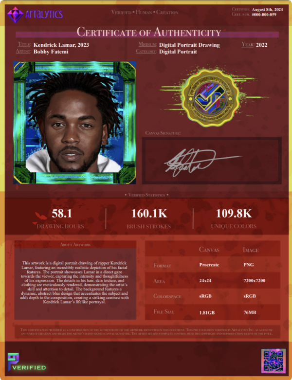 Screenshot of an Artalytics Certificate of Authenticity, showcasing key authentication details.